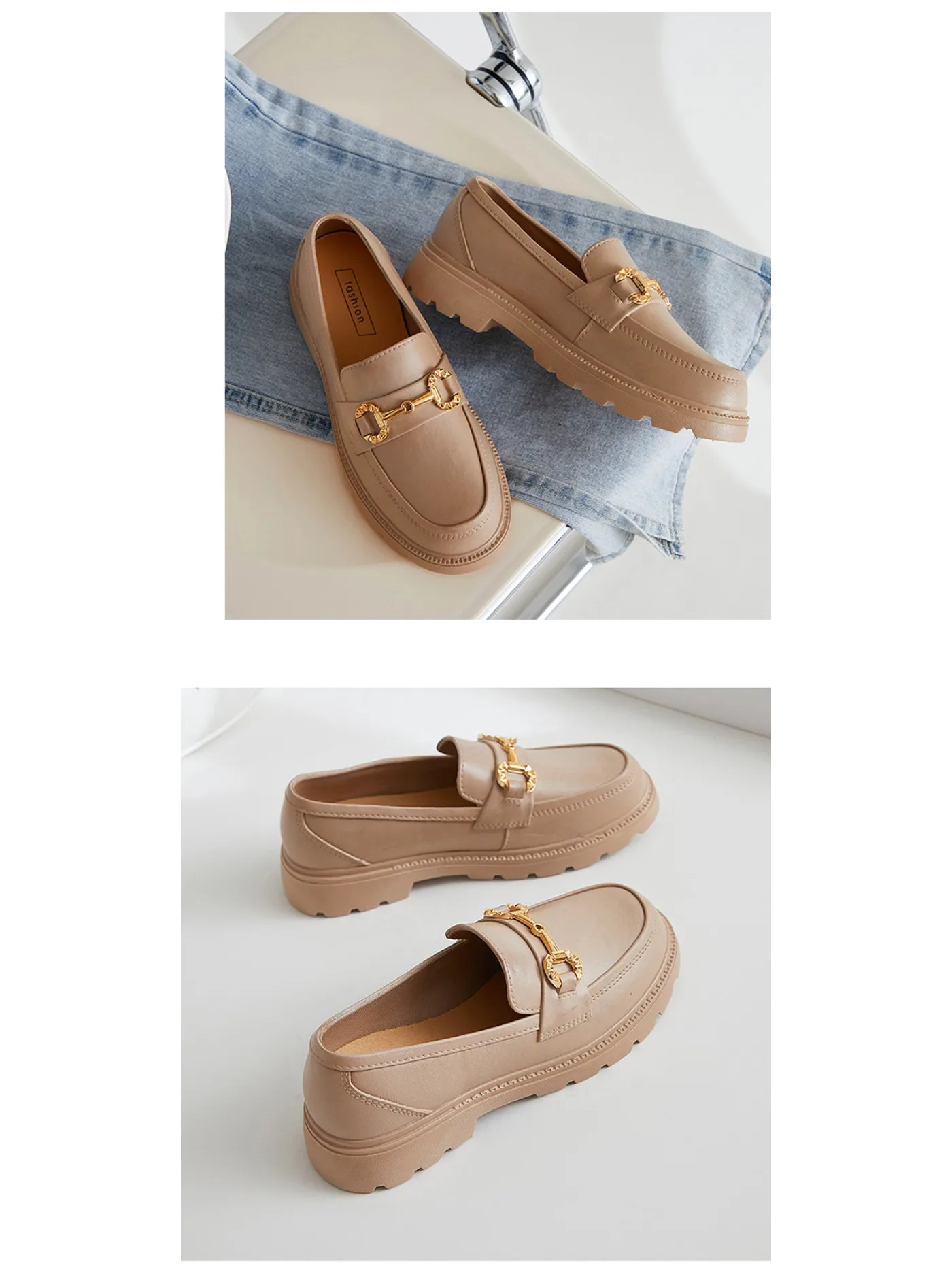 New Loafers British Style Retro Small Gold Buckle Round Head PVC One Pedal