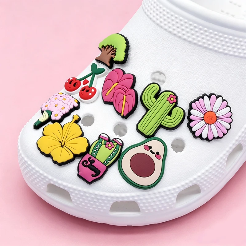 1/30pcs Tropical Flower Fruit Shoe Accessories PVC Shoe Decorations for Clogs Avocado Cactus Hibiscus Summer Shoe Charms