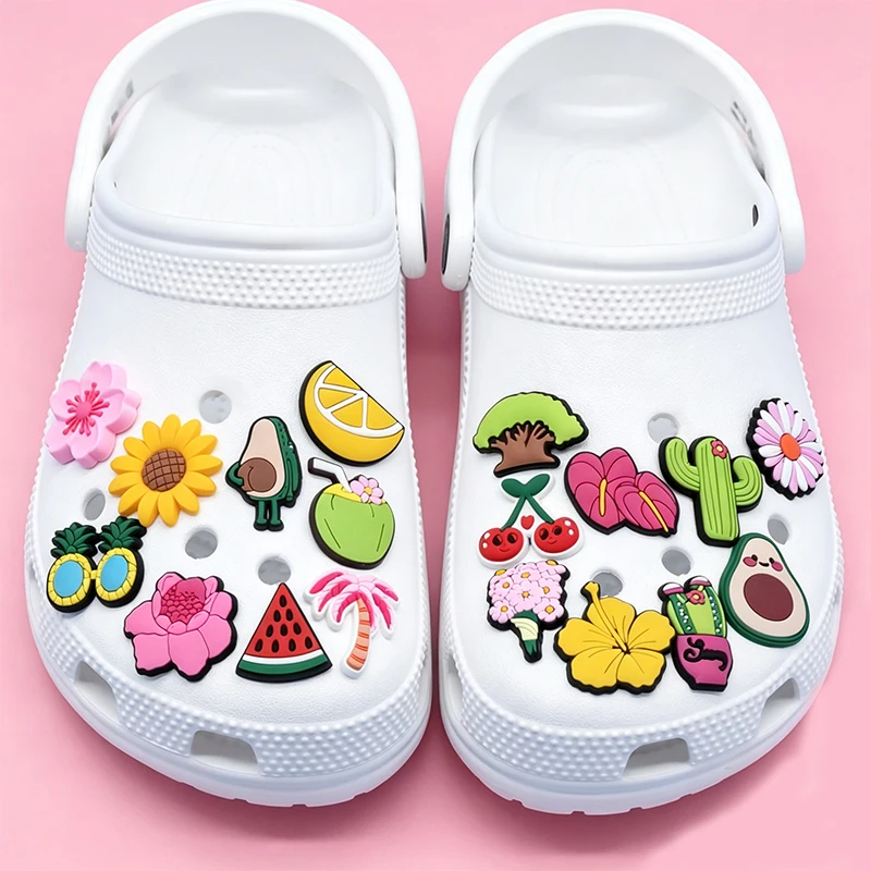 1/30pcs Tropical Flower Fruit Shoe Accessories PVC Shoe Decorations for Clogs Avocado Cactus Hibiscus Summer Shoe Charms