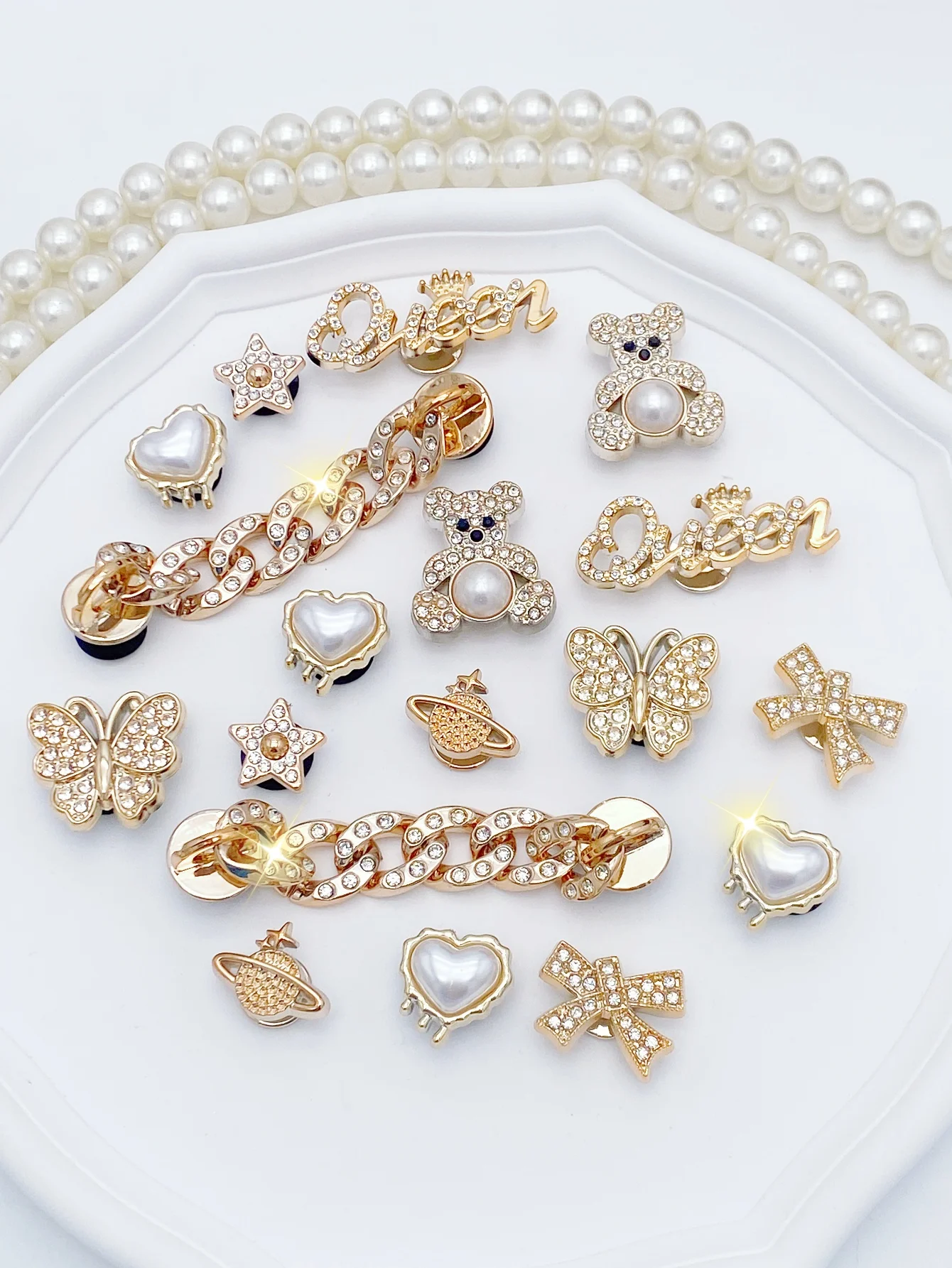 18 Pcs Fashionable & Versatile Gold Bear Chain Shoe Charms, Detachable DIY Garden Clog Accessories & Outdoor Floral Decorations