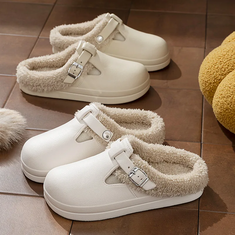 Winter Warm Fur Clogs Slippers for Women EVA Waterproof Non Slip House Slippers Woman Indoor Outdoor Thick Plush Cotton Shoes
