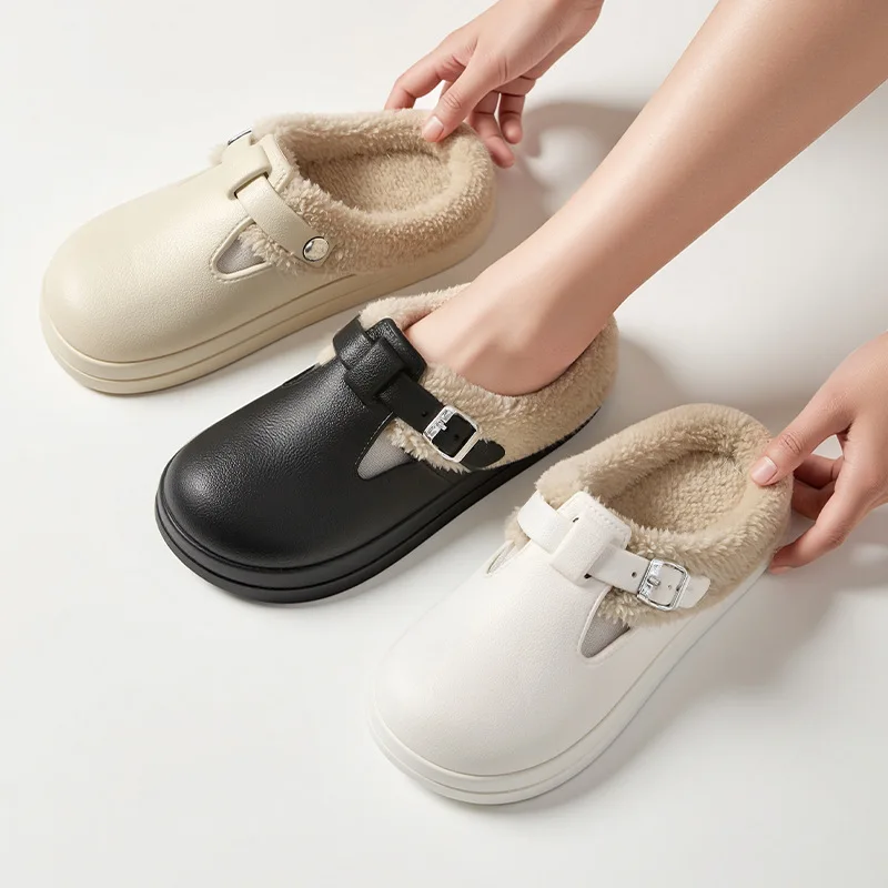 Winter Warm Fur Clogs Slippers for Women EVA Waterproof Non Slip House Slippers Woman Indoor Outdoor Thick Plush Cotton Shoes