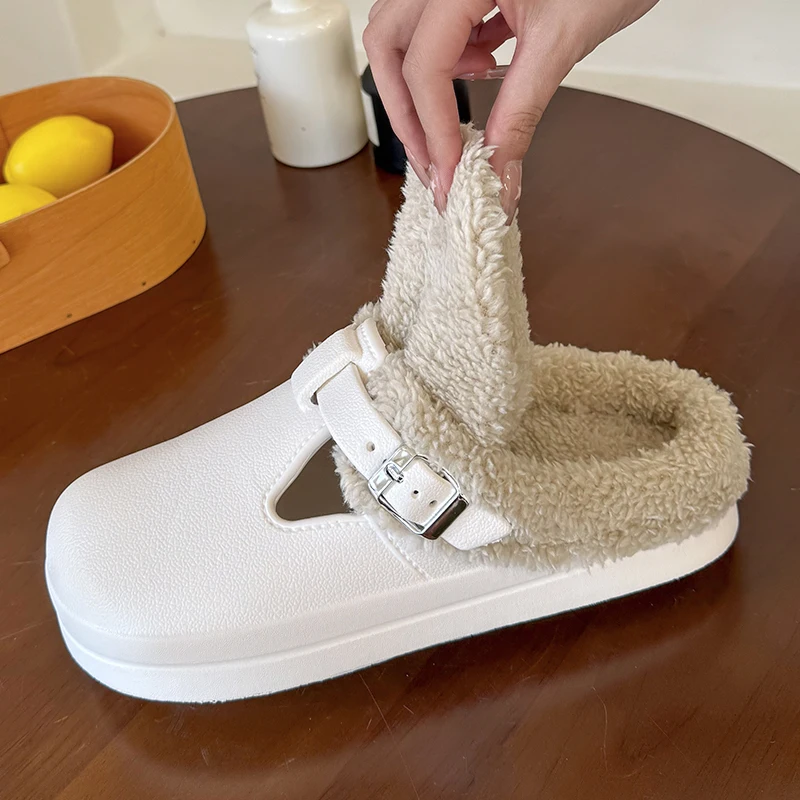Winter Warm Fur Clogs Slippers for Women EVA Waterproof Non Slip House Slippers Woman Indoor Outdoor Thick Plush Cotton Shoes