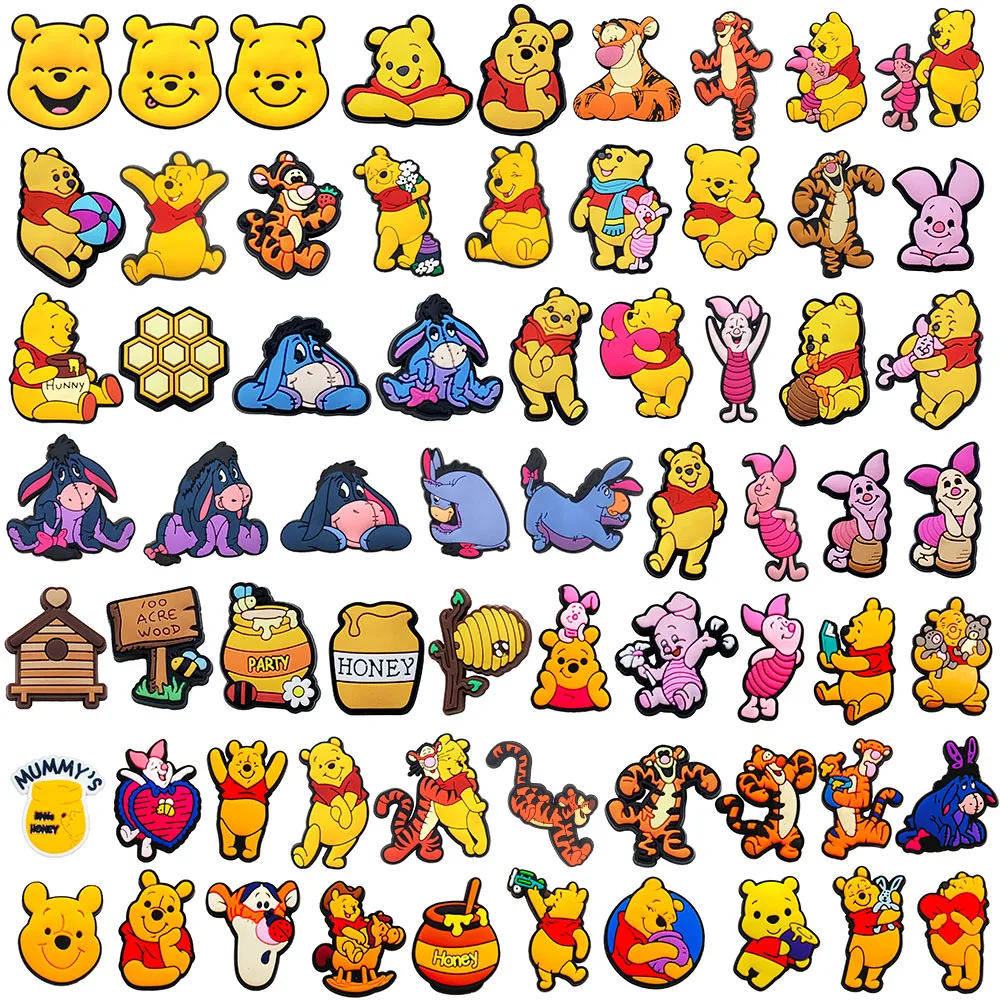15-66Pcs Winnie Pooh Shoe Charms Set Cartoon Shoes Decoration Accessories DIY Classic Clog Sandal Buckle Friends Gifts