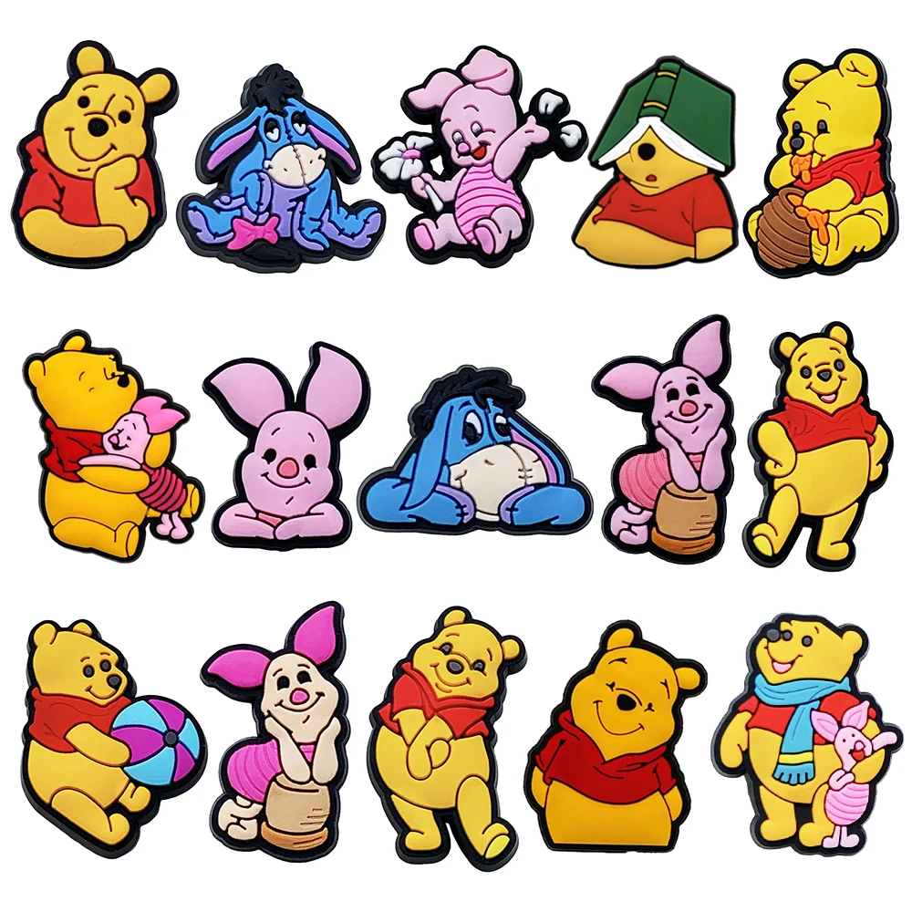 15-66Pcs Winnie Pooh Shoe Charms Set Cartoon Shoes Decoration Accessories DIY Classic Clog Sandal Buckle Friends Gifts