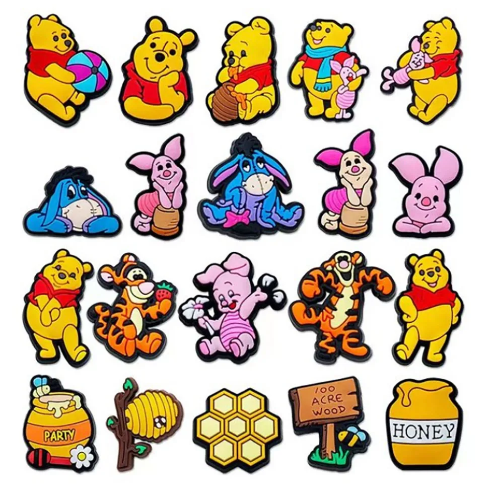 15-66Pcs Winnie Pooh Shoe Charms Set Cartoon Shoes Decoration Accessories DIY Classic Clog Sandal Buckle Friends Gifts