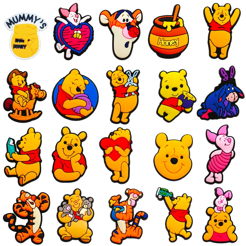 15-66Pcs Winnie Pooh Shoe Charms Set Cartoon Shoes Decoration Accessories DIY Classic Clog Sandal Buckle Friends Gifts
