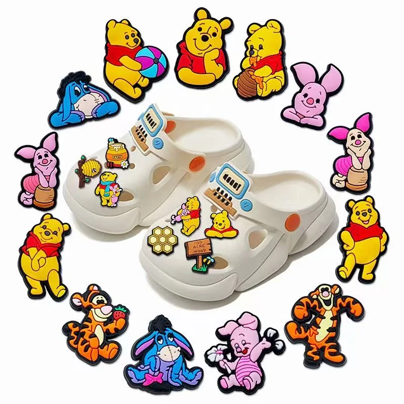 15-66Pcs Winnie Pooh Shoe Charms Set Cartoon Shoes Decoration Accessories DIY Classic Clog Sandal Buckle Friends Gifts
