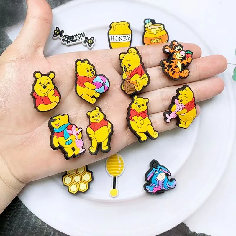 15-66Pcs Winnie Pooh Shoe Charms Set Cartoon Shoes Decoration Accessories DIY Classic Clog Sandal Buckle Friends Gifts