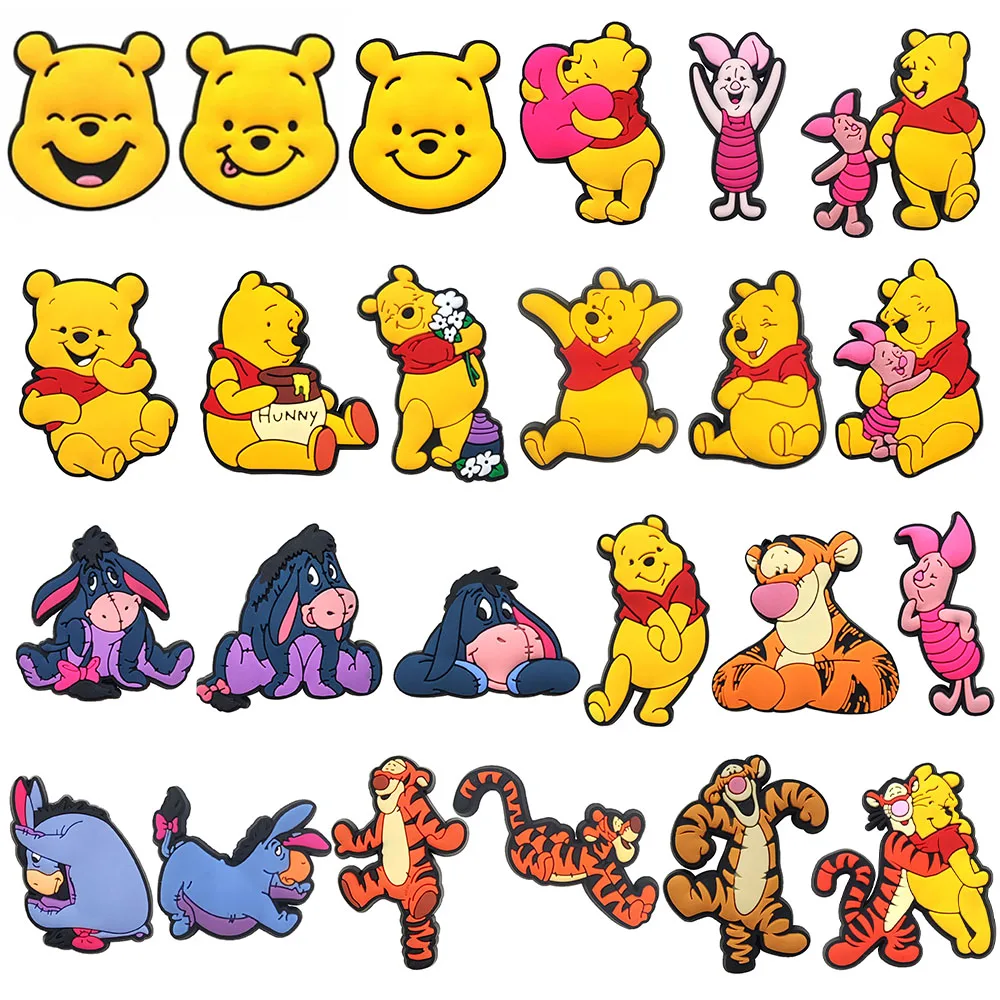 15-66Pcs Winnie Pooh Shoe Charms Set Cartoon Shoes Decoration Accessories DIY Classic Clog Sandal Buckle Friends Gifts