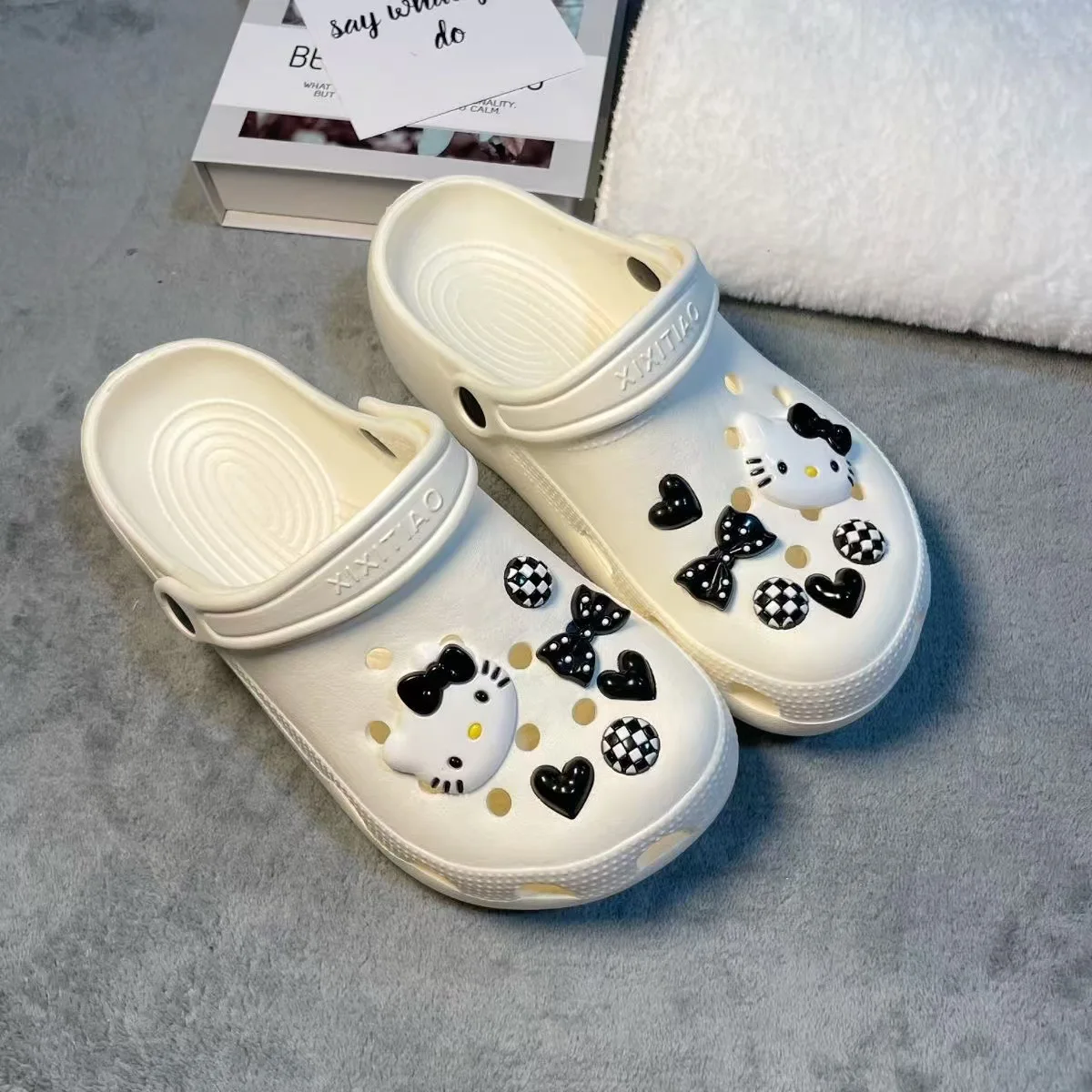 Hello Kitty Shoe Charms Set Black White Katie KT Cat Girls Women Sandals Accessories DIY Hole Shoes Slippers & Clogs Decoration