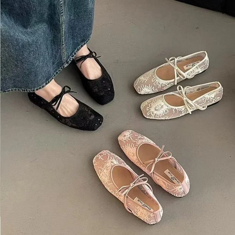 Fashionable Best Selling New Comfortable Large Size Women's Shoes Spring/ Summer Elegant Square Toe Sexy Mesh Ballet Flat Shoes