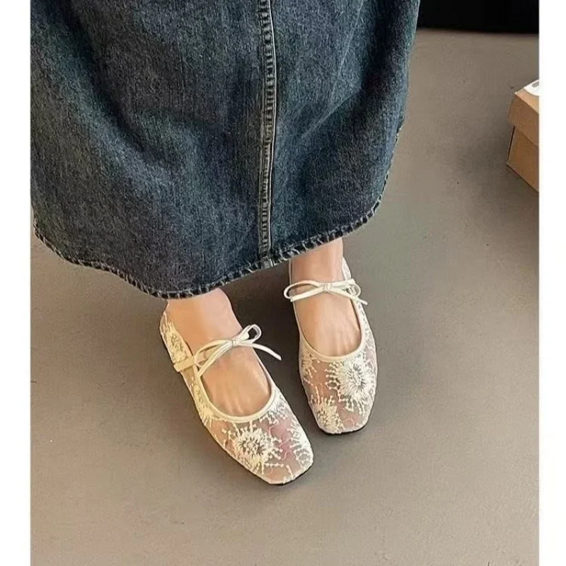 Fashionable Best Selling New Comfortable Large Size Women's Shoes Spring/ Summer Elegant Square Toe Sexy Mesh Ballet Flat Shoes