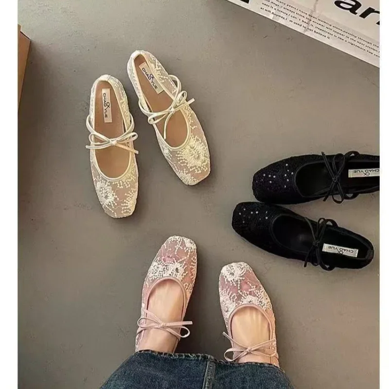 Fashionable Best Selling New Comfortable Large Size Women's Shoes Spring/ Summer Elegant Square Toe Sexy Mesh Ballet Flat Shoes