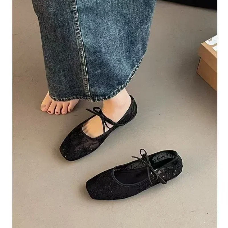Fashionable Best Selling New Comfortable Large Size Women's Shoes Spring/ Summer Elegant Square Toe Sexy Mesh Ballet Flat Shoes