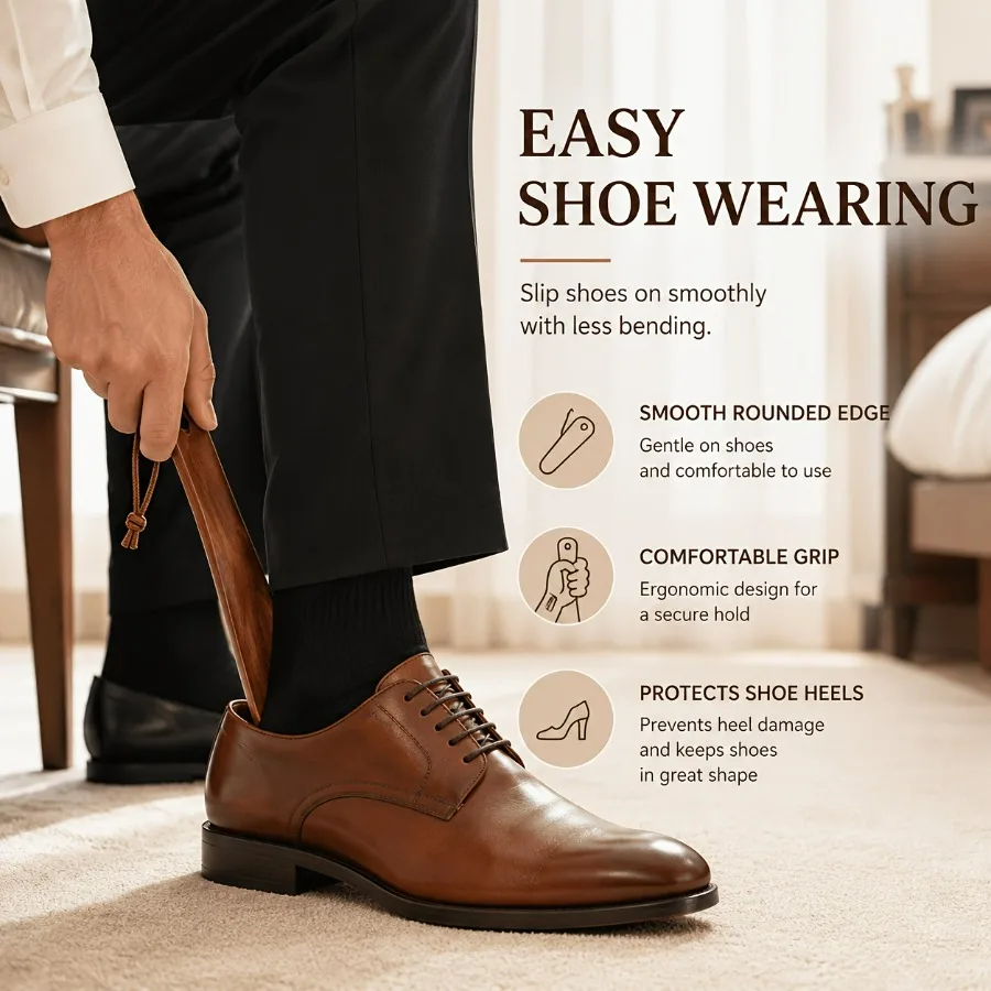 1Pc Wooden Shoehorn, Smooth Edge & Ergonomic Grip, Lightweight Durable Shoe Helper, Daily Use Essential, Great Gift for Family