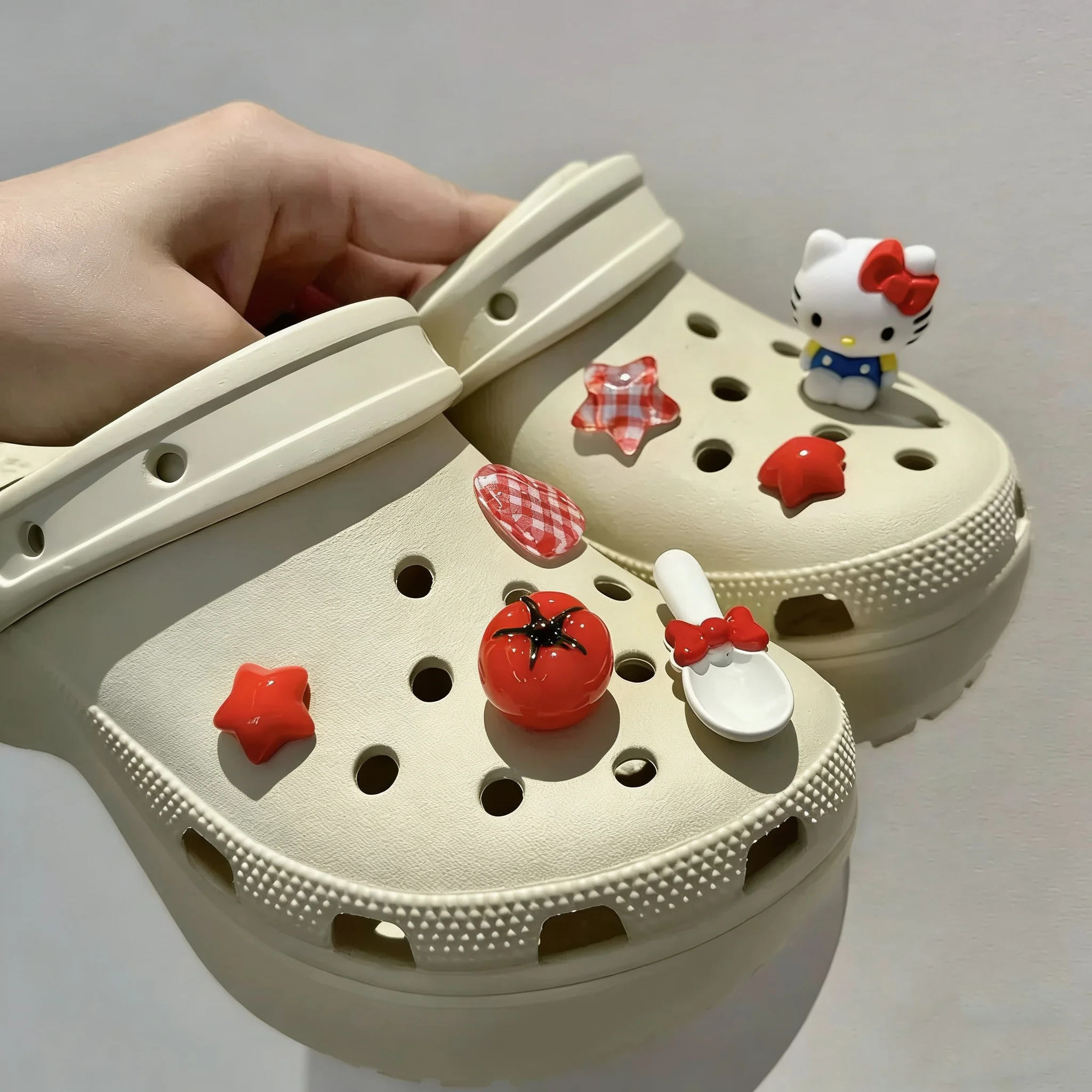 Sweet & Cool Hello Kitty Set DIY Shoe Charms Tomato Red Garden Accessories Buckle Fit Clogs Sandals Decorate Party Gifts