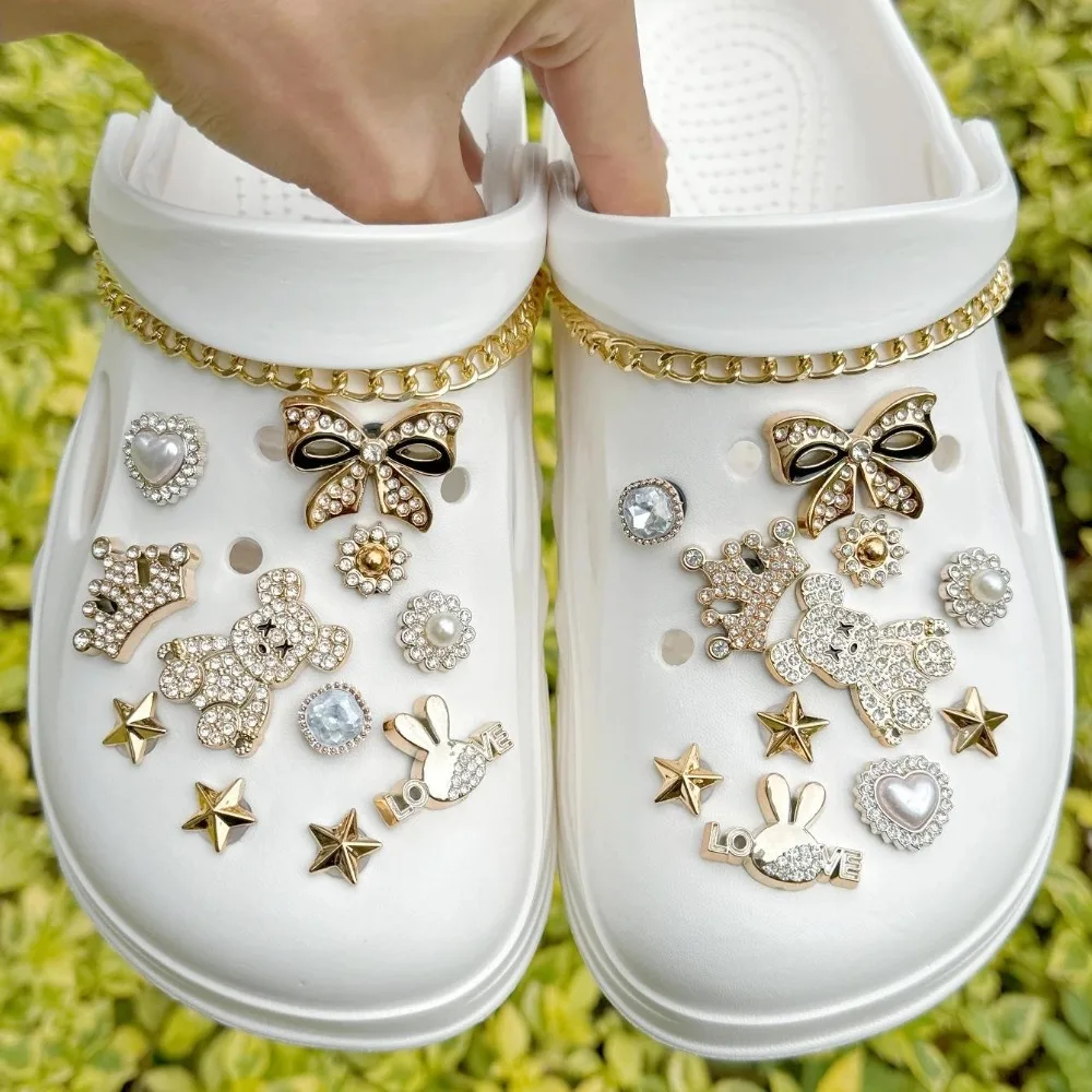 24PCS Luxury Design Shoe Charms Set Accessories for Clogs Shoe Buckle Gold Plated Bear Rhinestone Bow Chain DIY Shoes Decoration