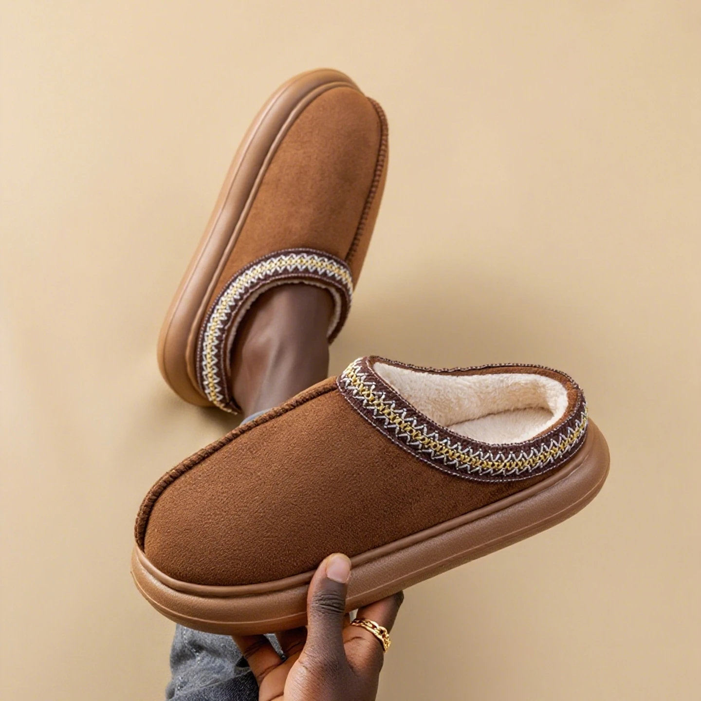 Men's Plush Fleece Lined Slippers Winter Warm House Shoes with Thick EVA Sole for Indoor/Outdoor Use Cozy Non-Slip Home Footwear
