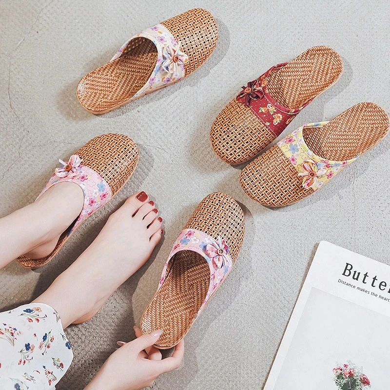 Mntrerm 2024 New Casual Sneakers For Home Slippers Summer Bow-knot Soft Floor Woman Indoor Flats Shoes Cute Linen Slipper Terlik