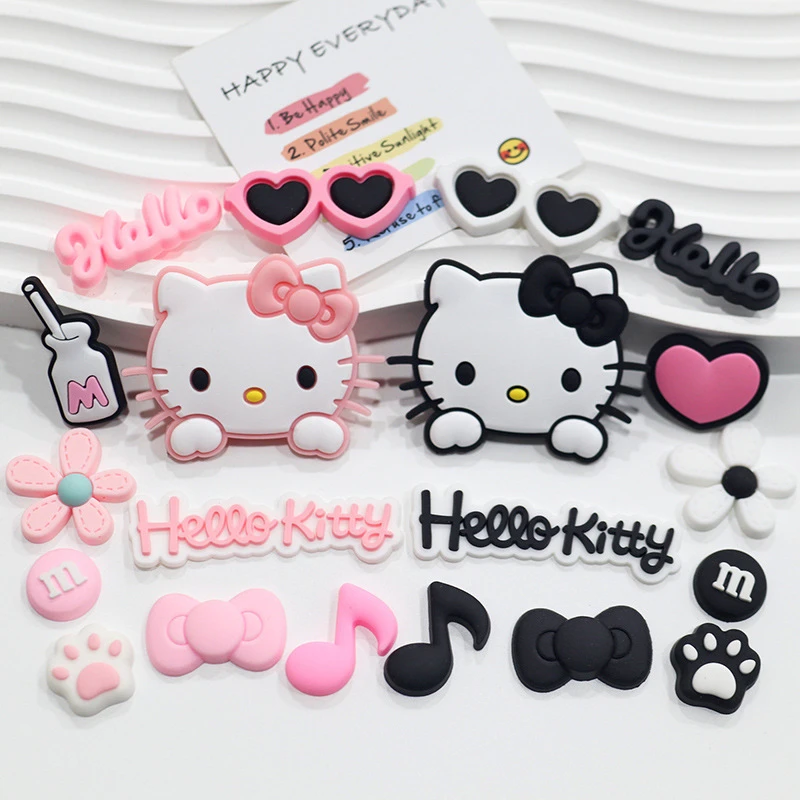 Pink & Black Relaxed Hello Kitty Cat Shoe Charms Set for Sandals & Slippers Accessories Women Girls DIY Decorative for Slides