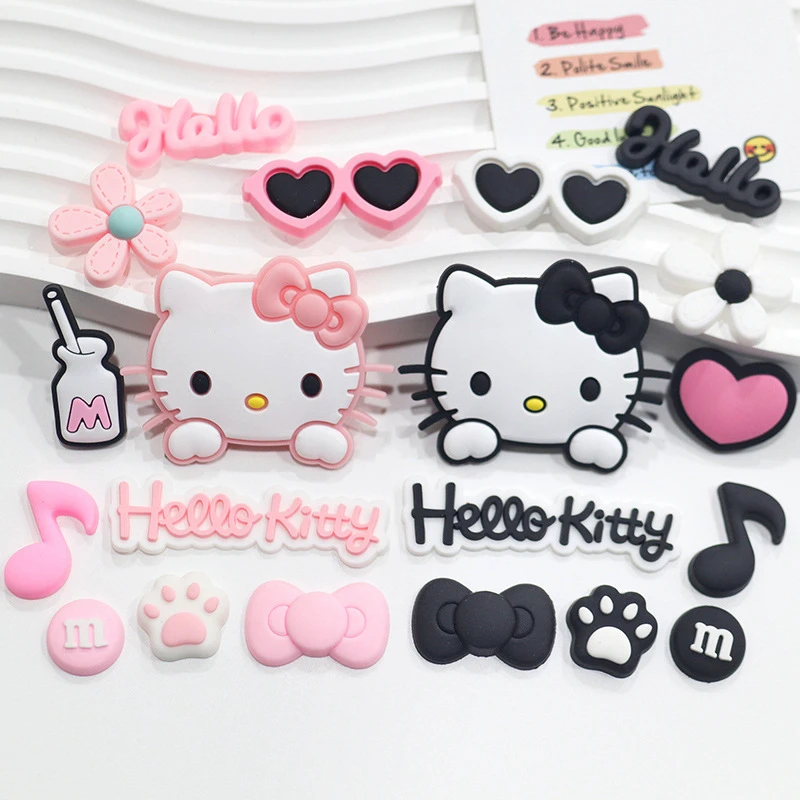Pink & Black Relaxed Hello Kitty Cat Shoe Charms Set for Sandals & Slippers Accessories Women Girls DIY Decorative for Slides