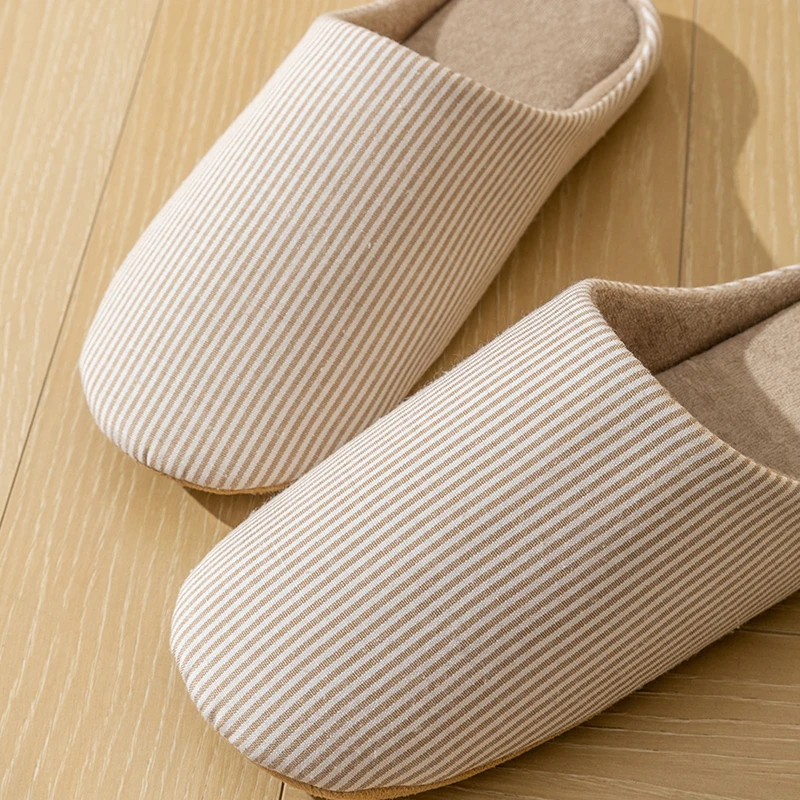 Simple Striped Home Slippers Men's Spring and Autumn Indoor Wooden Floor Bedroom Silent Comfortable Japanese Style Home Shoes