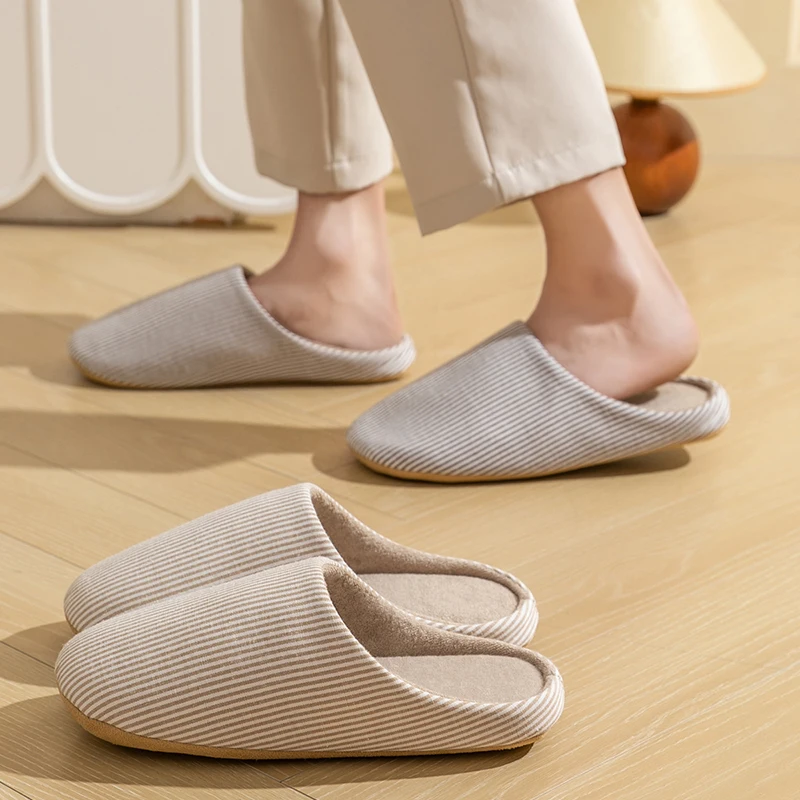 Simple Striped Home Slippers Men's Spring and Autumn Indoor Wooden Floor Bedroom Silent Comfortable Japanese Style Home Shoes