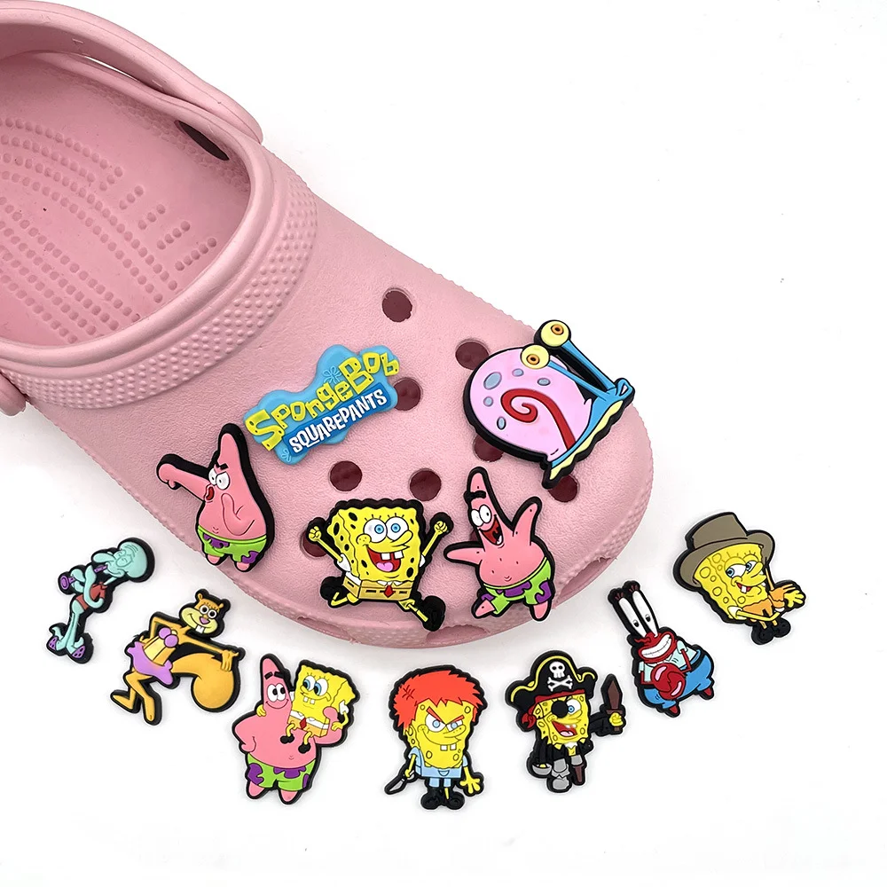 12pcs Potdemiel SpongeBob SquarePants Shoe Charms For Cartoon Clogs Sandals Decoration PVC Anime Shoe Accessories Gift