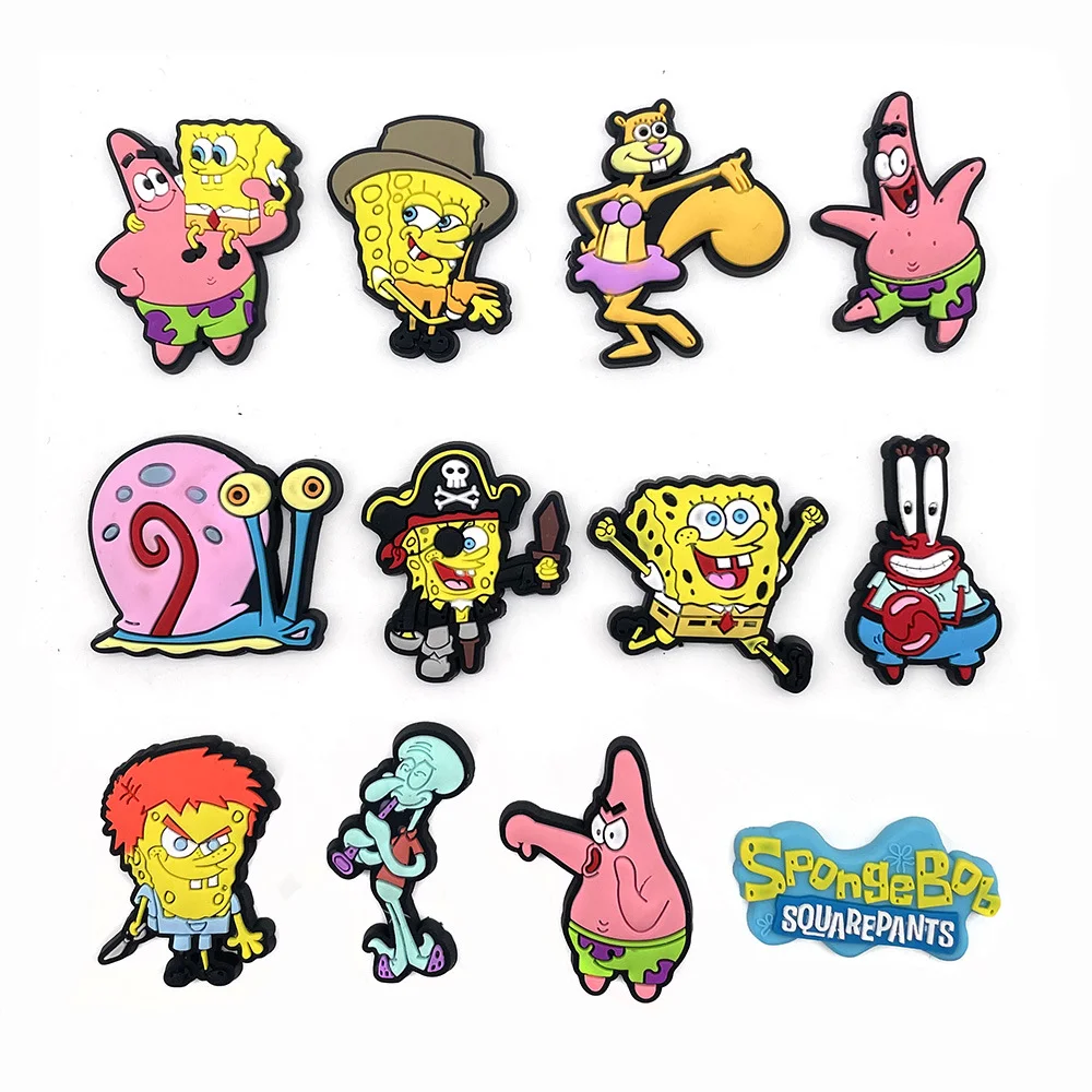 12pcs Potdemiel SpongeBob SquarePants Shoe Charms For Cartoon Clogs Sandals Decoration PVC Anime Shoe Accessories Gift