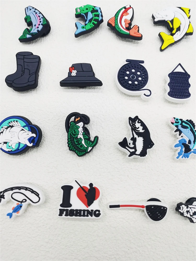 16PCS Love Fishing Series Shoe Charms DIY Decorations Funny Pattern Shoe Buckle Accessories Removable Clogs Shoe Clips Ornaments
