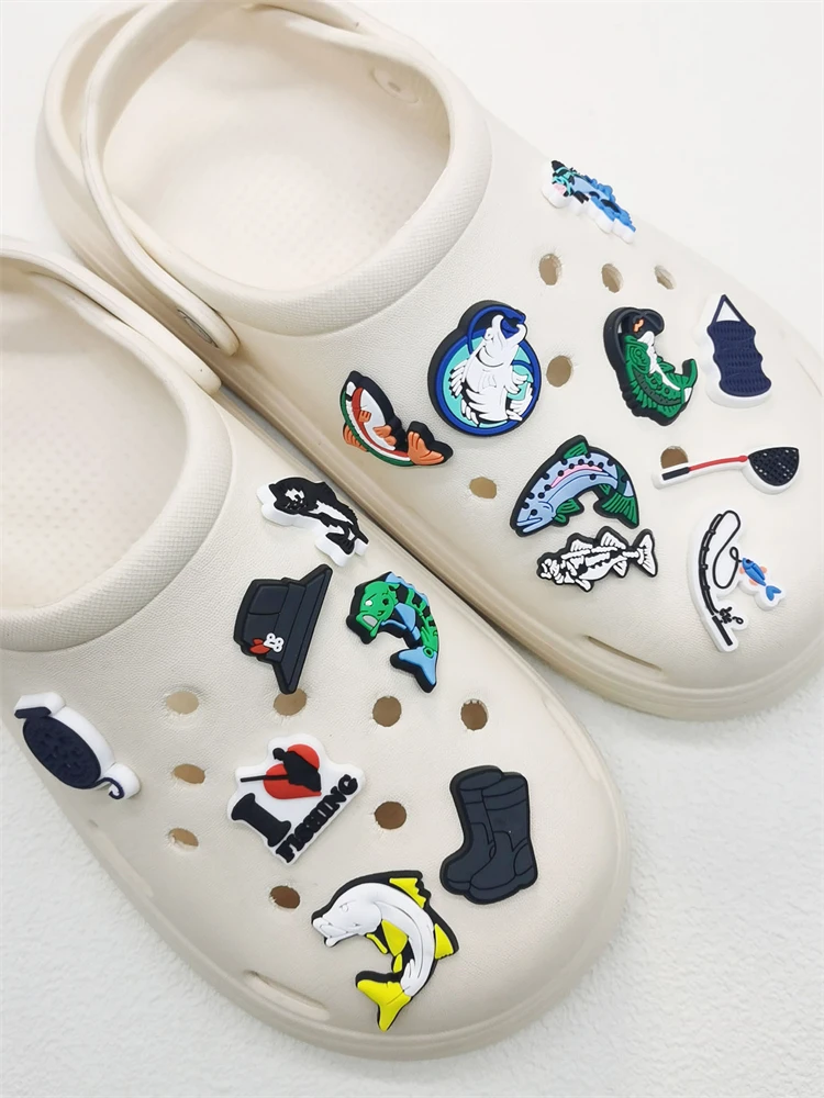16PCS Love Fishing Series Shoe Charms DIY Decorations Funny Pattern Shoe Buckle Accessories Removable Clogs Shoe Clips Ornaments