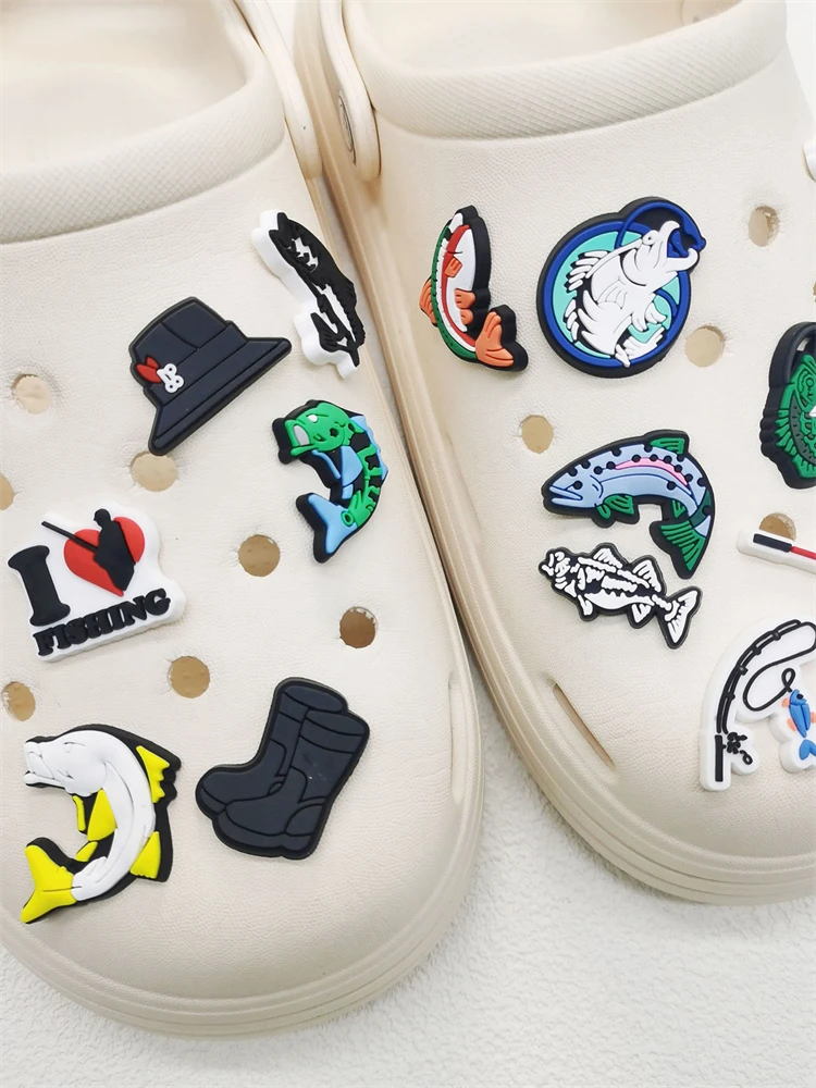 16PCS Love Fishing Series Shoe Charms DIY Decorations Funny Pattern Shoe Buckle Accessories Removable Clogs Shoe Clips Ornaments