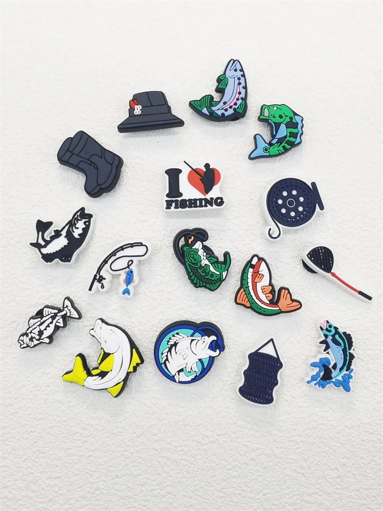 16PCS Love Fishing Series Shoe Charms DIY Decorations Funny Pattern Shoe Buckle Accessories Removable Clogs Shoe Clips Ornaments