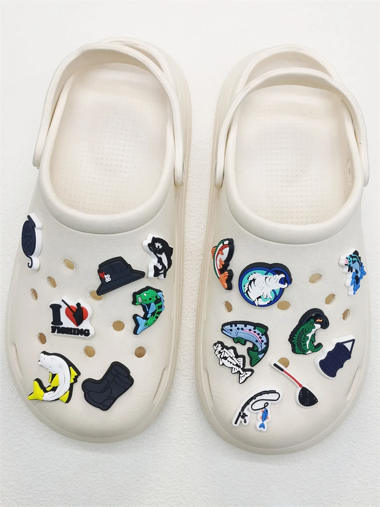 16PCS Love Fishing Series Shoe Charms DIY Decorations Funny Pattern Shoe Buckle Accessories Removable Clogs Shoe Clips Ornaments
