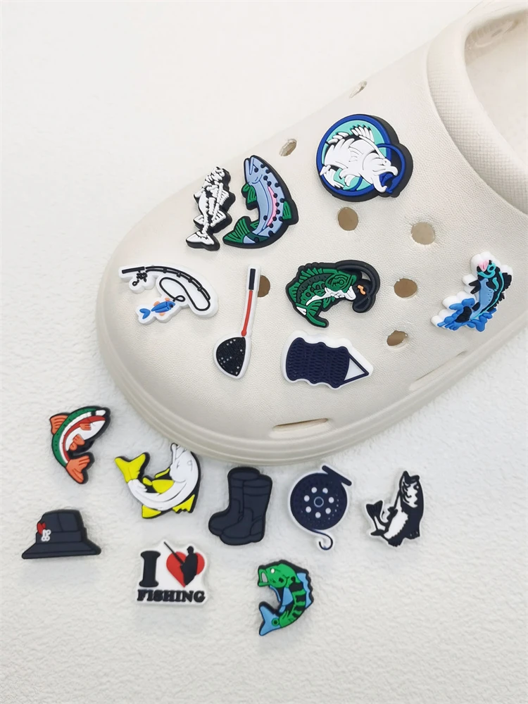 16PCS Love Fishing Series Shoe Charms DIY Decorations Funny Pattern Shoe Buckle Accessories Removable Clogs Shoe Clips Ornaments