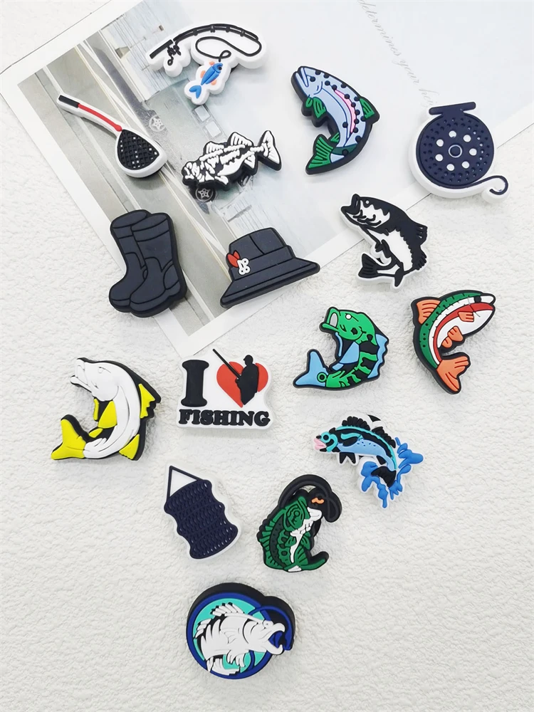 16PCS Love Fishing Series Shoe Charms DIY Decorations Funny Pattern Shoe Buckle Accessories Removable Clogs Shoe Clips Ornaments