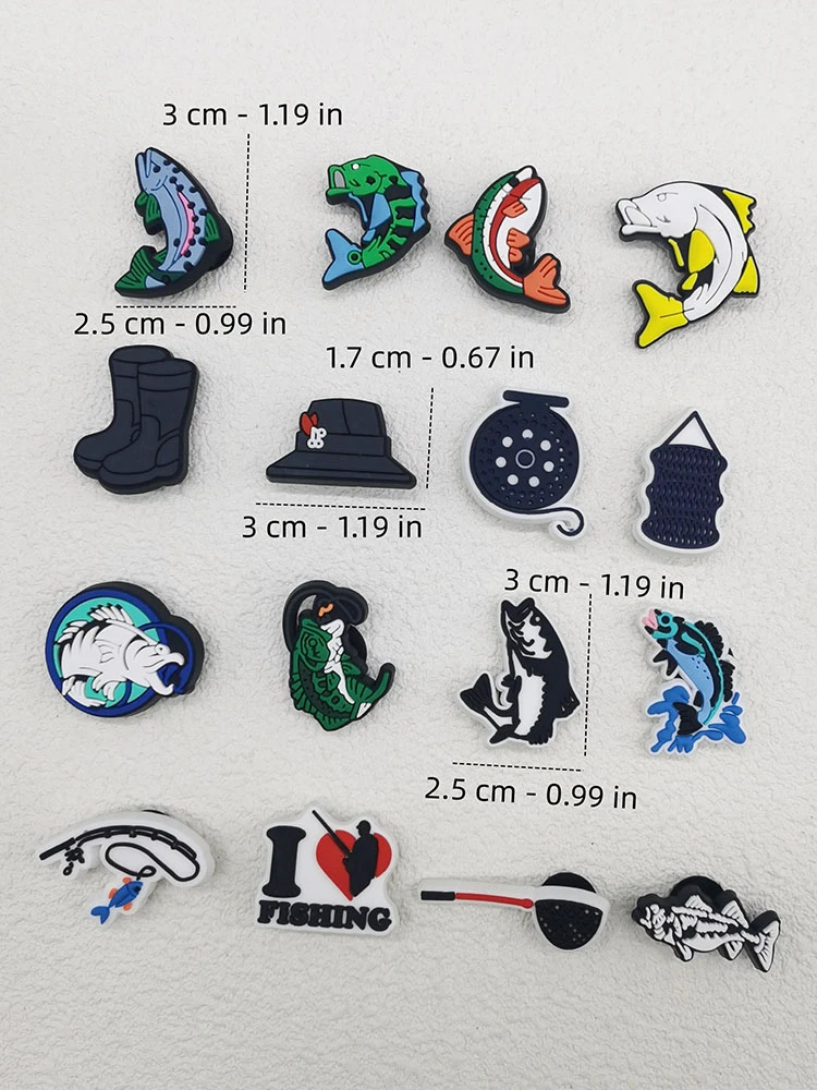 16PCS Love Fishing Series Shoe Charms DIY Decorations Funny Pattern Shoe Buckle Accessories Removable Clogs Shoe Clips Ornaments