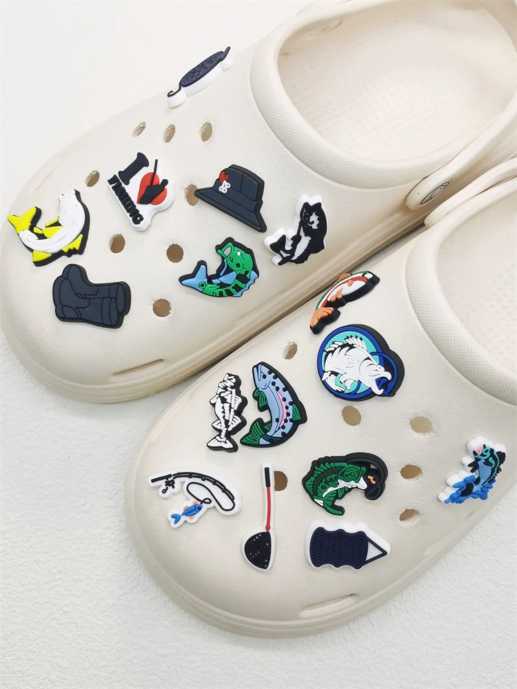 16PCS Love Fishing Series Shoe Charms DIY Decorations Funny Pattern Shoe Buckle Accessories Removable Clogs Shoe Clips Ornaments