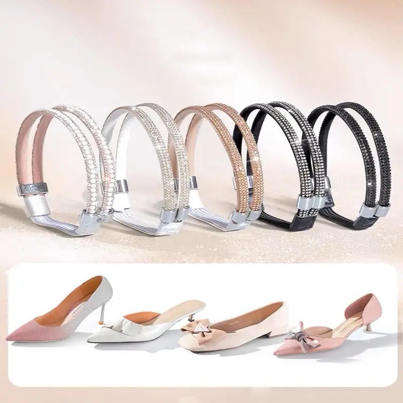1Pair Rhinestone High Heels Shoes Band Anti-loose Women Diamond Shoelaces Anti-drop Heel Straps Belt Drill Elastic Fixed Belts