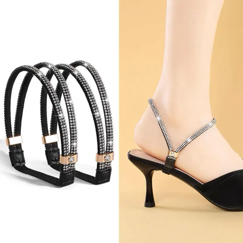 1Pair Rhinestone High Heels Shoes Band Anti-loose Women Diamond Shoelaces Anti-drop Heel Straps Belt Drill Elastic Fixed Belts