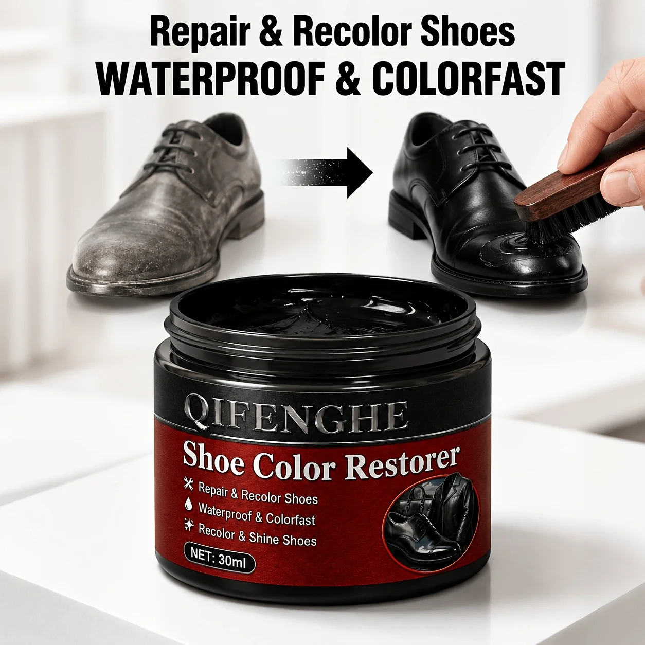 Leather Shoe Repair Cream, Black Dye Restorer for Fading & Scratches, Waterproof Polish for Daily Casual Shoes
