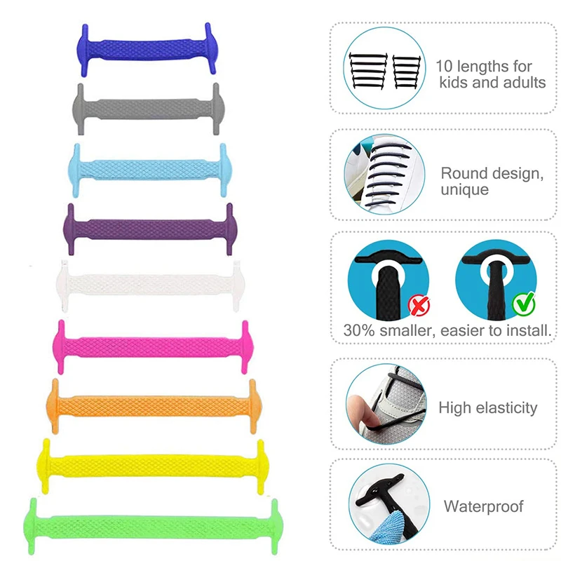 16pcs/lot No Tie Shoelace Lacing Special Silicone Elastic Shoelaces Kid Adult Sneakers Quick Shoe Lace Creative Lazy Rubber Lace