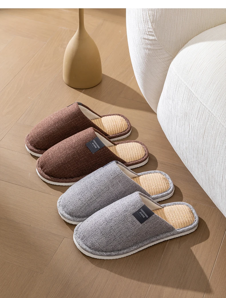 Men's Linen House Slippers, Non-Slip Soft Indoor Shoes, Breathable Comfort for Spring and Fall, Simple Closed-Toe Design