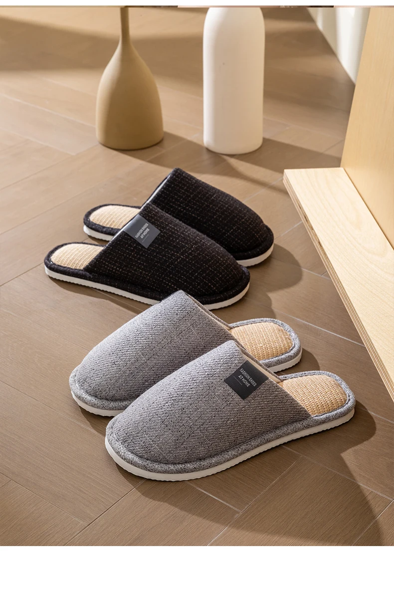 Men's Linen House Slippers, Non-Slip Soft Indoor Shoes, Breathable Comfort for Spring and Fall, Simple Closed-Toe Design