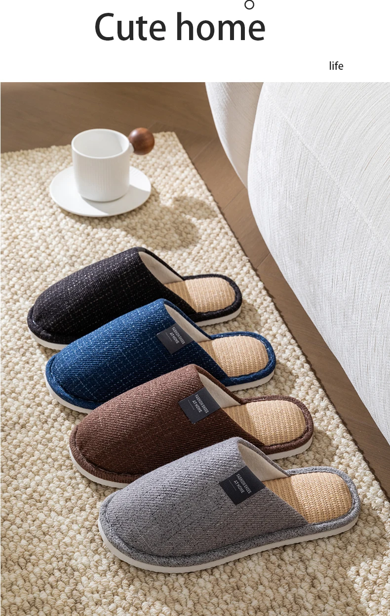 Men's Linen House Slippers, Non-Slip Soft Indoor Shoes, Breathable Comfort for Spring and Fall, Simple Closed-Toe Design
