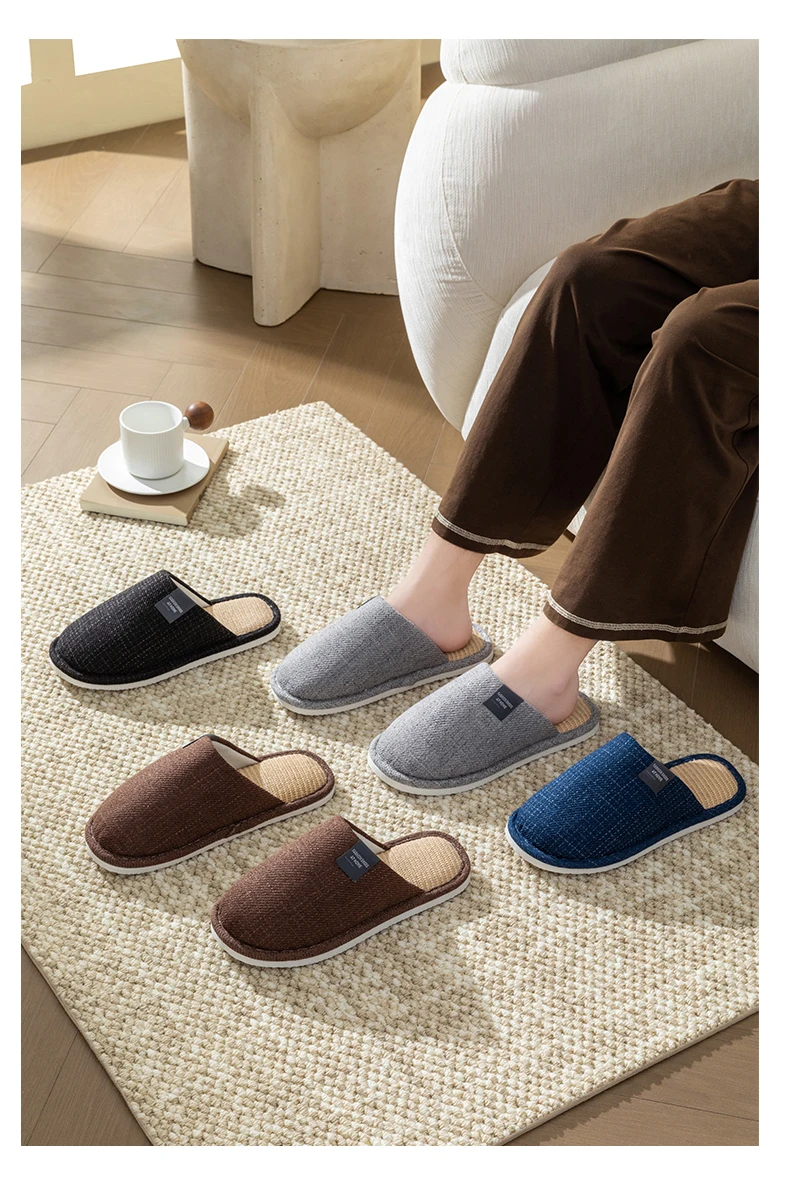 Men's Linen House Slippers, Non-Slip Soft Indoor Shoes, Breathable Comfort for Spring and Fall, Simple Closed-Toe Design