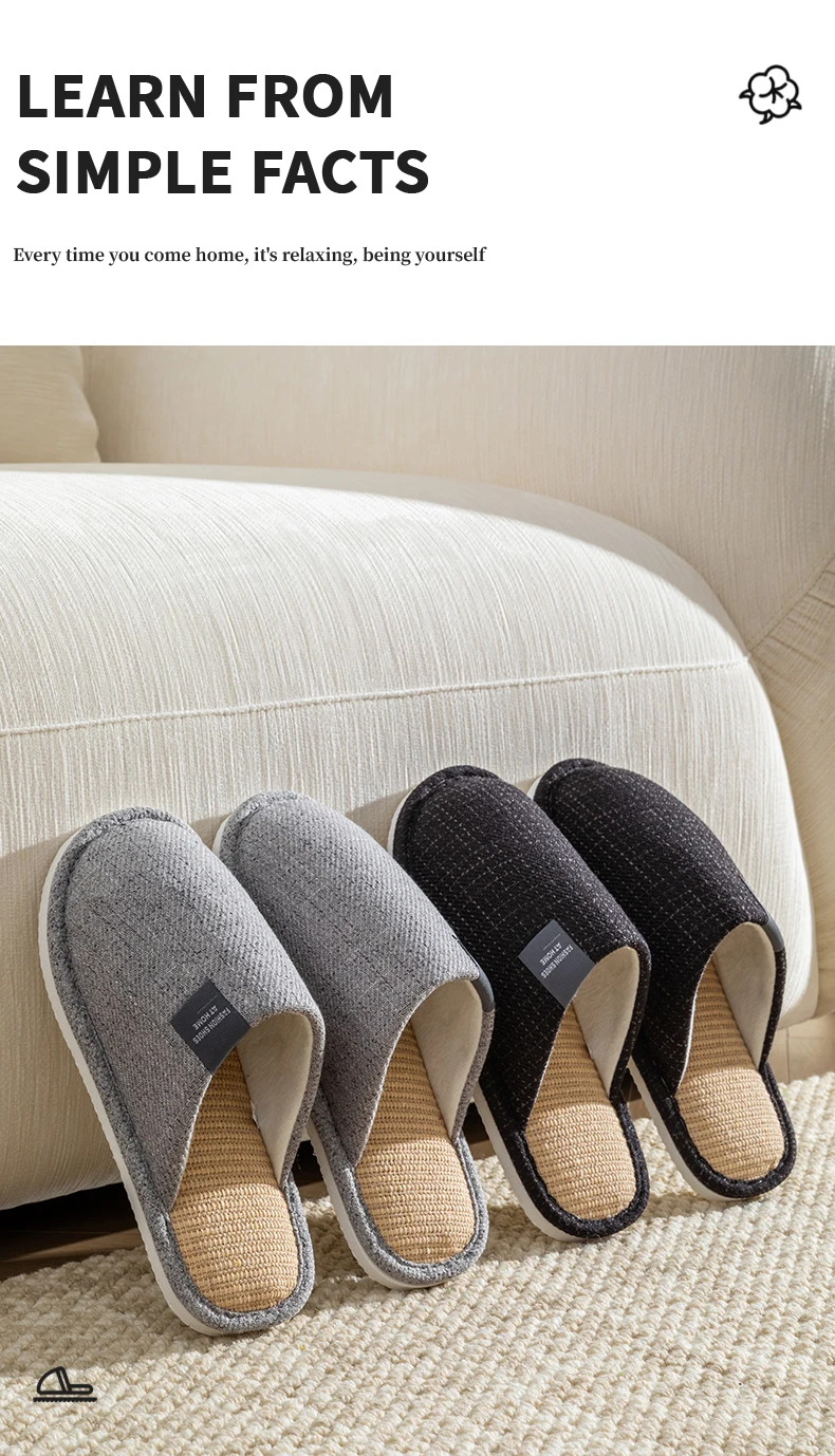 Men's Linen House Slippers, Non-Slip Soft Indoor Shoes, Breathable Comfort for Spring and Fall, Simple Closed-Toe Design