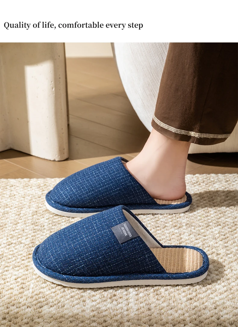 Men's Linen House Slippers, Non-Slip Soft Indoor Shoes, Breathable Comfort for Spring and Fall, Simple Closed-Toe Design