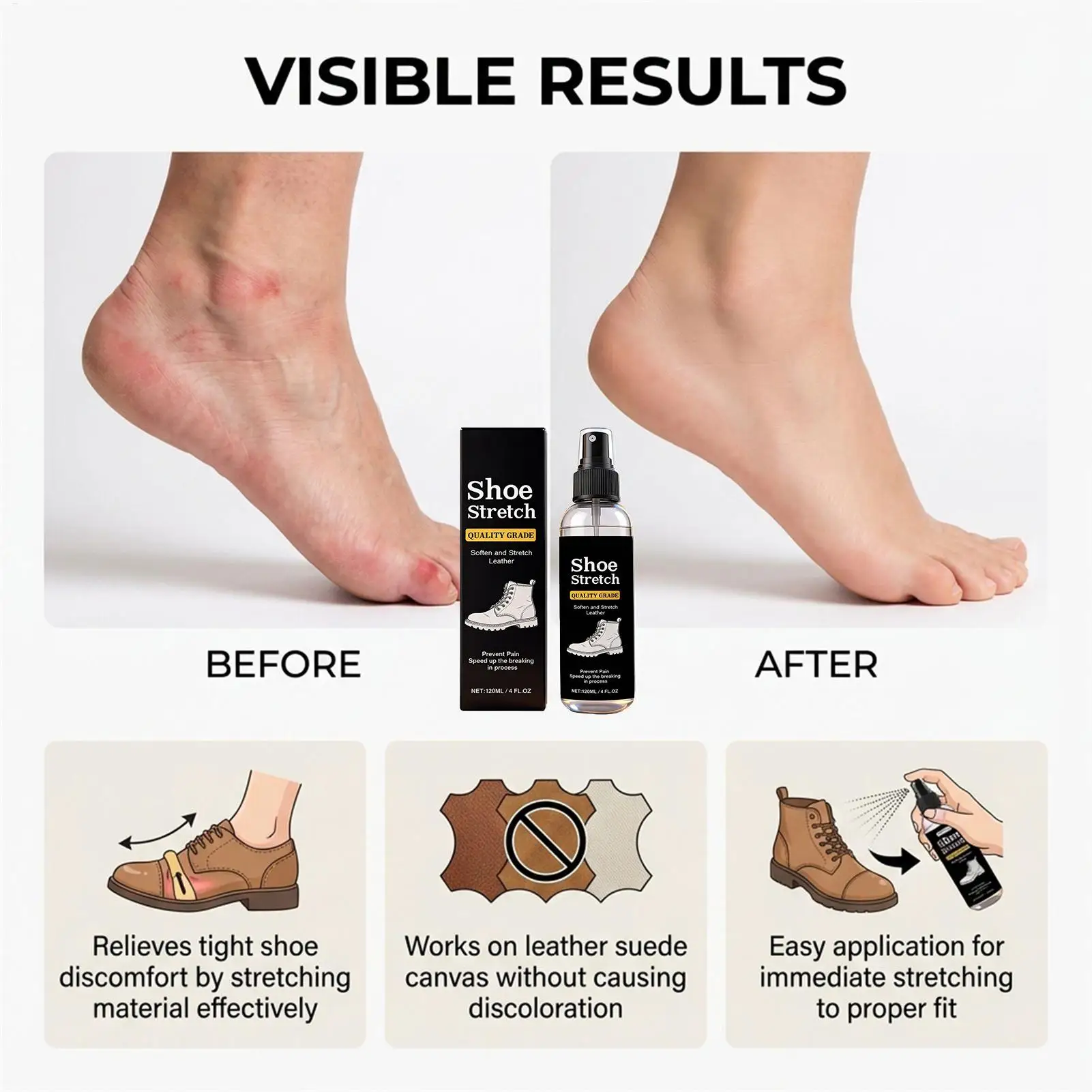 120ml Shoe Stretcher Spray Softening Stretching Liquid Professional Boot Stretcher Spray for leather, suede canvas softeners